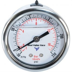 Glycerin Filled Compound Gauge with 1/4” NPT Back Mount – (-30)-0-250 PSI